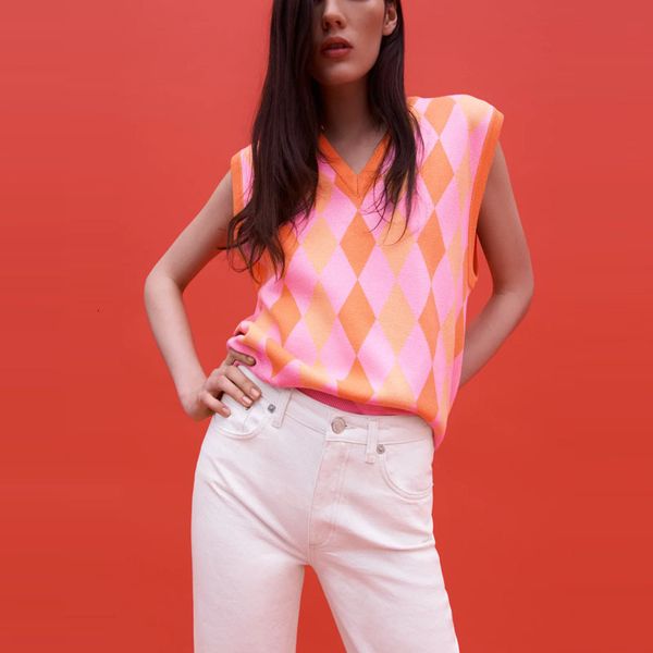 

sweaters knit argyle vest women v neck sleeveless cute spring sweater female fashion loose vintage pink pullover, White;black