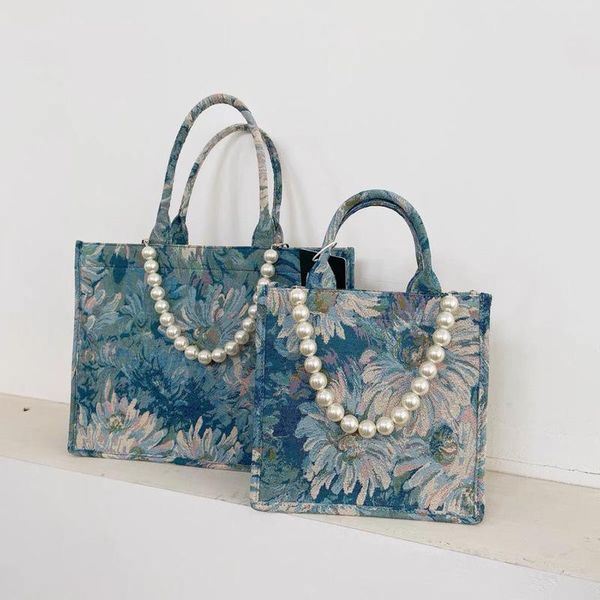 

evening bags fashion shoulder for women flower embroider handbags large capacity totes luxury oil painting pearls purses