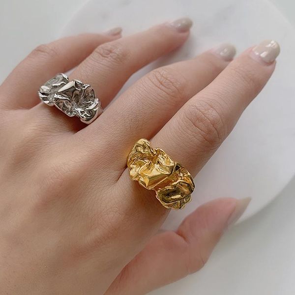 

cluster rings srcoi vintage lava irregular geometric metal twisted bump texture pleated open ring women fashion simple jewelry gifts, Golden;silver
