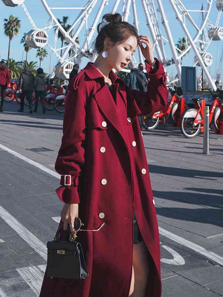 

wool loose british style on solid knee trench female coat fall and winter double ladies breasted jacket, Black