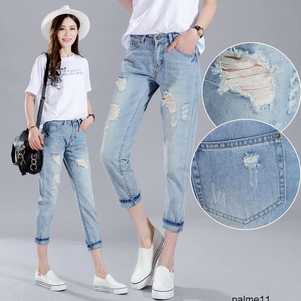 

fashion ripped woman basic women long with holes boyfriend femme denim pants famale torn jeans db5z, Blue