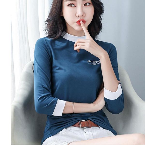 

three quarter letter print cotton womens t shirt half turtleneck summer clothes tee femme, White