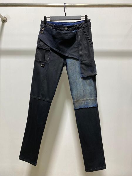 

men's jeans owen seak men oil wax denim classic gothic men's coated autumn straight hip hop women high street solid pants, Blue