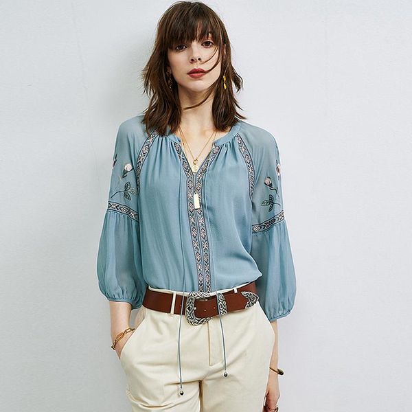 

women's blouses & shirts 100% silk blouse women vintage embroidered tie v neck lantern sleeve pullover 2 colors elegant casual fashion, White