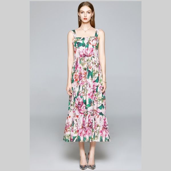 Sommermarke Designer Spaghetti Strap Boho Kleid Frauen Elegant Rosa Rosa Floral Print Hight Taille Slim Holiday Kleider 210514
