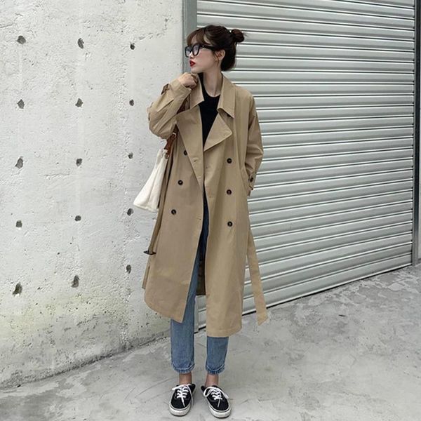 

women's trench coats 2021 fashion women's windbreaker jacket temperament long all-match commuter, Tan;black