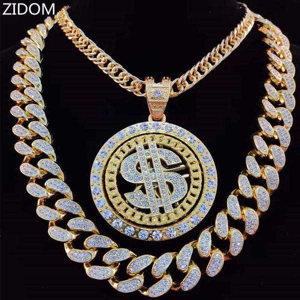 

men hip hop rotatable dollar pendant necklace with 20mm miami cuban chain hiphop iced out bling necklaces fashion jeweley x0707, Silver