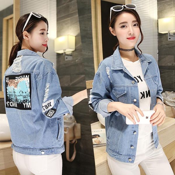 

large size women's denim jacket shows thin spring european and american fashion broken hole letter patch jackets, Black;brown
