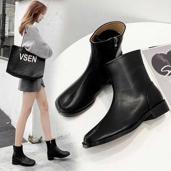 

boots split-toe shoes women's low heel square toe short 2021 black low-heel pig trotters women