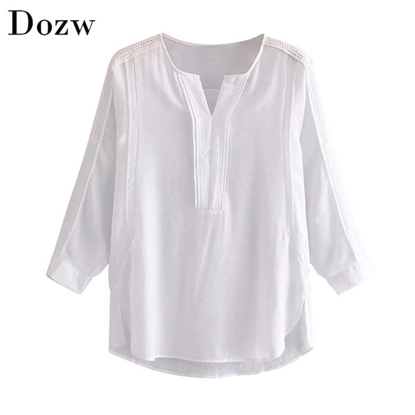 Кружева лоскутная белая блузка женщины v шеи batwing рукава сыпучие льняные рубашки женские асимметричные вскользь дамы топы blusas 210515