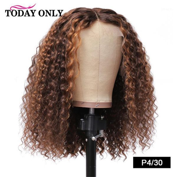 

highlight wig human hair kinky curly bob lace front wigs 4x4 closure highligh p4/30 p4/27 black remy 150%1, Black;brown