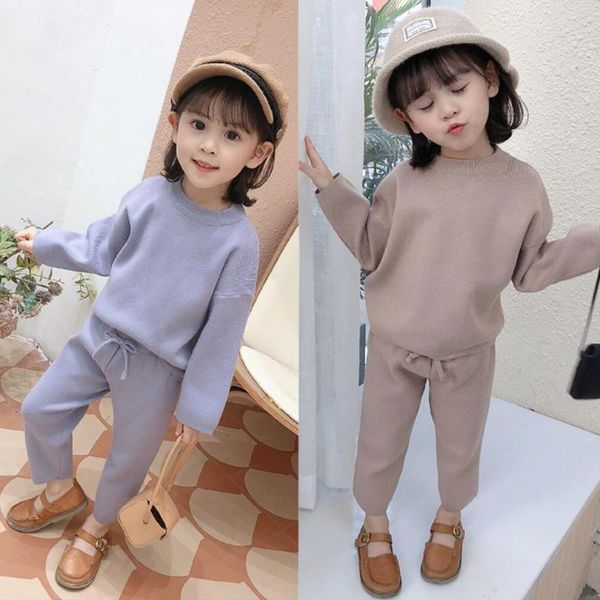 

clothing sets fashion loose clothes for girls' woollen trousers warm suit girl baby knitted sweater + pants children 2-piece set in fal, White
