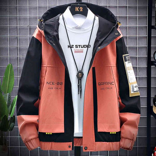 

spring autumn plus size men's et hooded windbreaker coats fashion letter printed patchwork outwear casual ets 8xl, Black