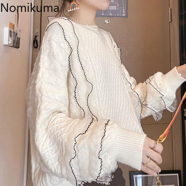 

women's sweaters nomikuma ruffle gauze patchwork pullover jumpers o neck long sleeve sweater women pull femme casual loose korean 3d08, White;black