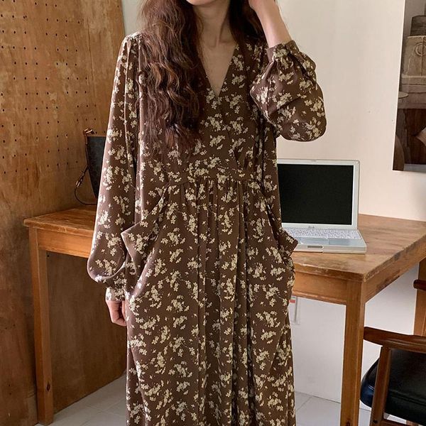 

casual dresses woman dress 2021 korea fashion retro elegant v-neck printed floral loose large pocket long sleeve vestidos, Black;gray