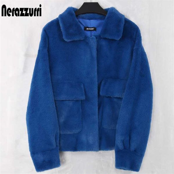 Nerazzurri Frühling lila blau kurze helle weiche faux pelzmantel frauen langarm taschen fällige koreanische mode pelzjacke 211019