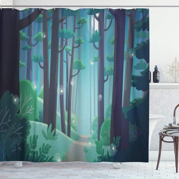 

shower curtain set with 12 hooks,blue scene cartoon of forest at night fireflies green,polyester fabric waterproof bath