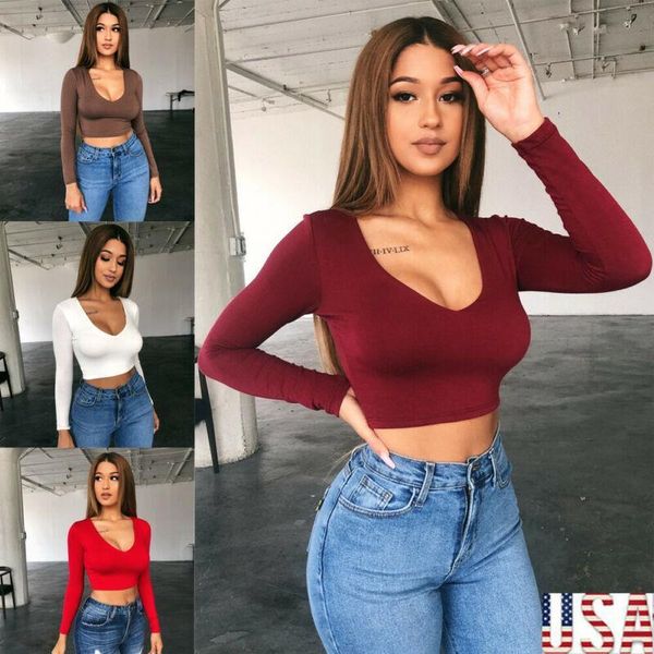 

women shirts solid crop vest bandage clubwear long sleeve tee skinny basic casual tank 5, White