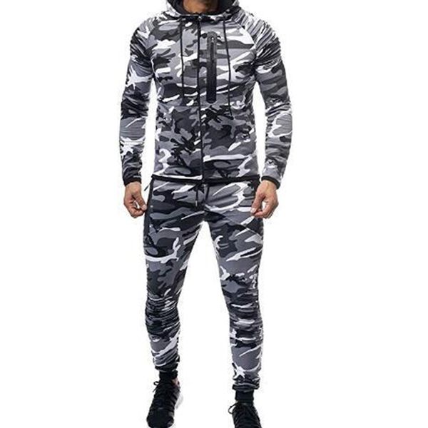 

men's tracksuits 2021 sports camouflage suit arm fold fitness casual wear, Gray