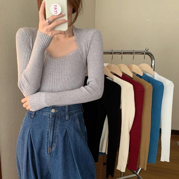 

women's sweaters autumn clothes women korean knitted pullover square collar long sleeve t-shirts slim ladies sweater jumper pull femme, White;black