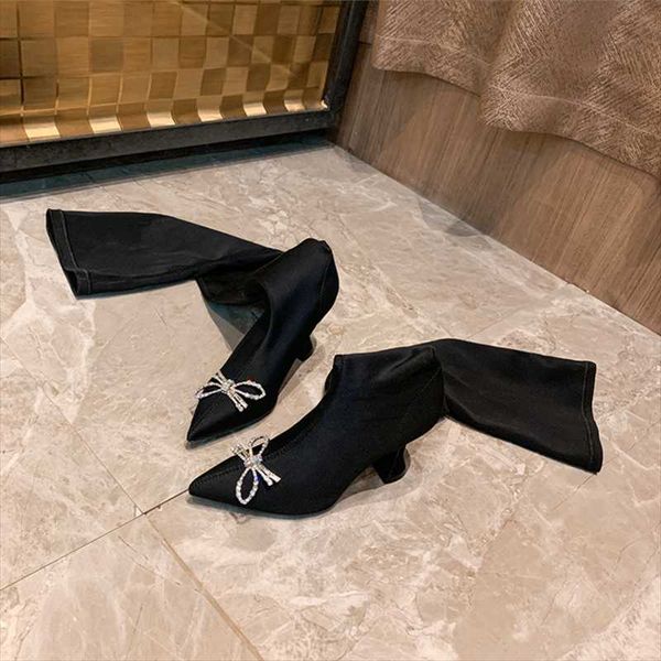 

boots 2021 over knee pointed toe high heels women sock stretch fluff innern fashion female, Black