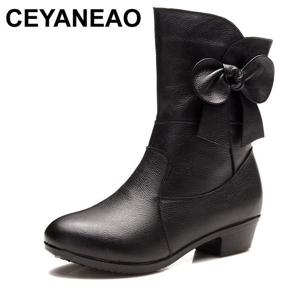

boots ceyaneao women old mother female ladies shoes flower plush fur winter warm cow genuine leather mid-calf 35-41, Black