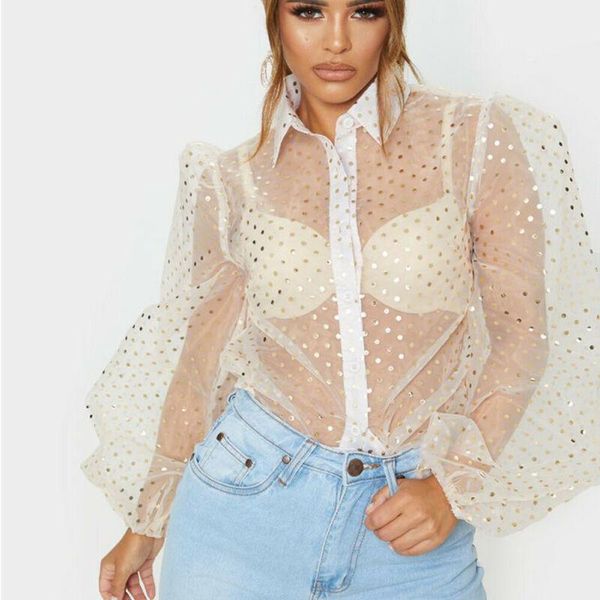 

fashion summer women sheer mesh dot long puff sleeve blouses ladies casual loose blouse beach style women's & shirts, White
