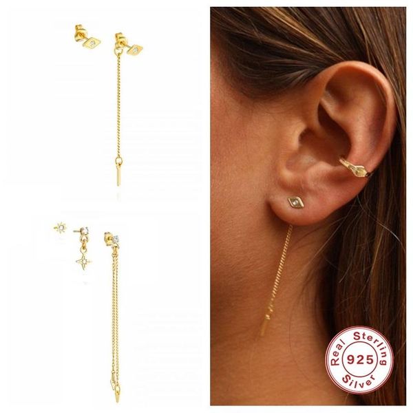 

aide trendy 925 sterling silver asymmetric star sun stud earrings for women hanging long chain tassel zircon eye earring jewelry, Golden;silver