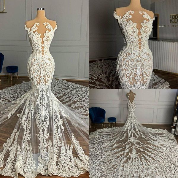

sheer neck mermaid wedding gowns for arabic 2021 full lace plus size sweep train bridal party dresses vestidos de novia, White