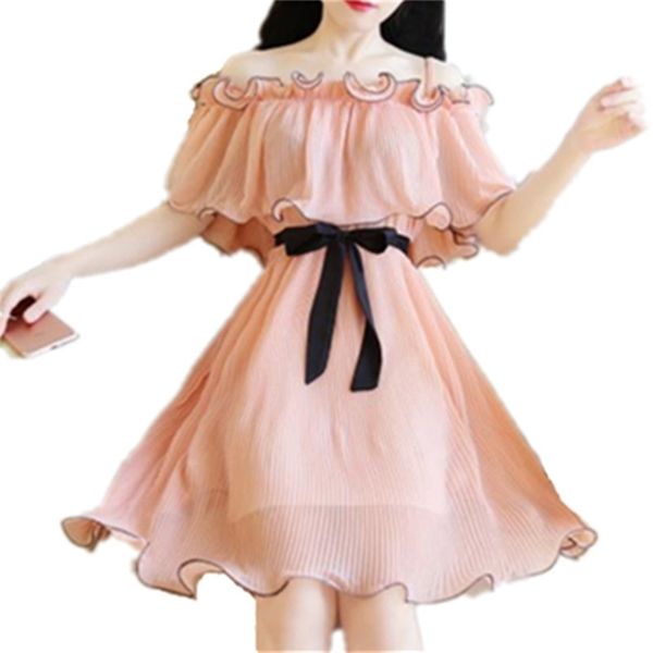 

chiffon dress for women summer fashion elegant fresh slash neck strap folds lace ruffled dresses female lr1170 210531, Black;gray