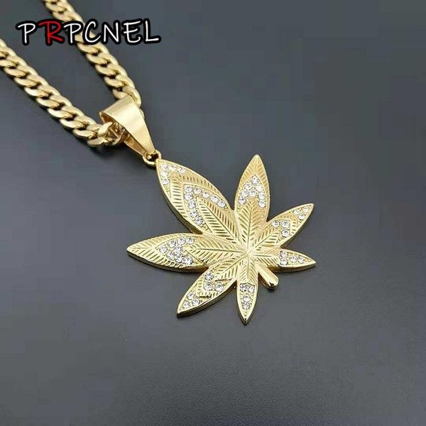 

pendant necklaces hip hop 3d leaf necklace & full cz iced out bling with zircon for men gold color stainless steel jewelry, Silver