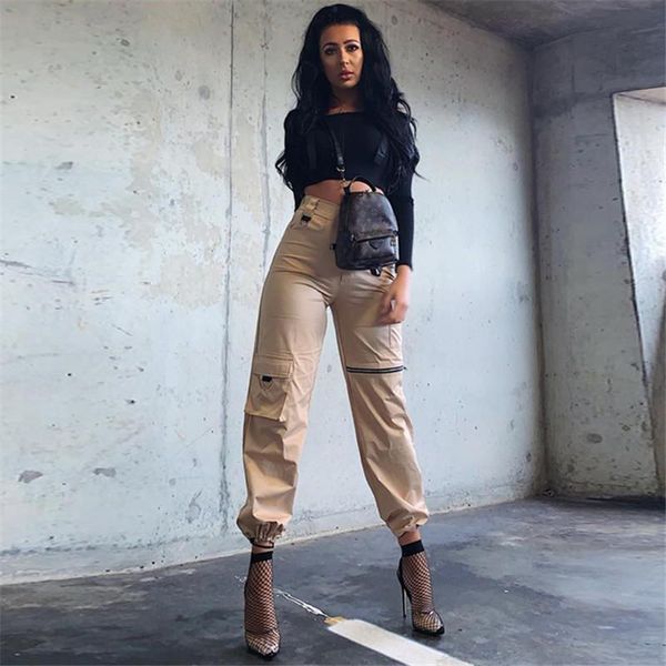 

women's pants & capris big pockets cargo women high waist loose streetwear baggy tactical trouser hip hop 2021 joggers, Black;white