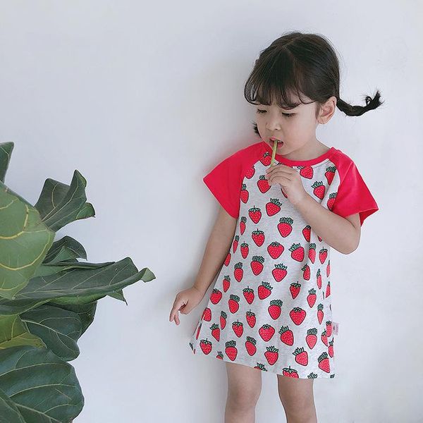 

strawberry print infant toddlers dresses baby girls a-line lovely short sleeve summer dress kids cute soft cotton clothes girl's, Red;yellow