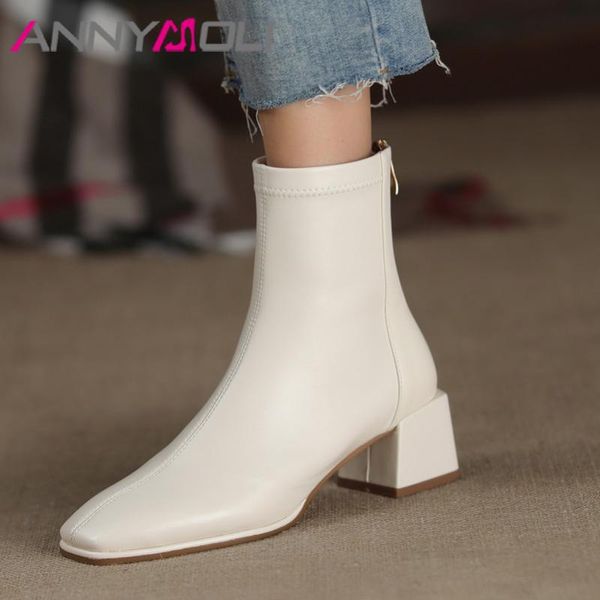 

boots annymoli genuine leather thick heels short ankle women shoes square toe zipper high heel female autumn winter, Black