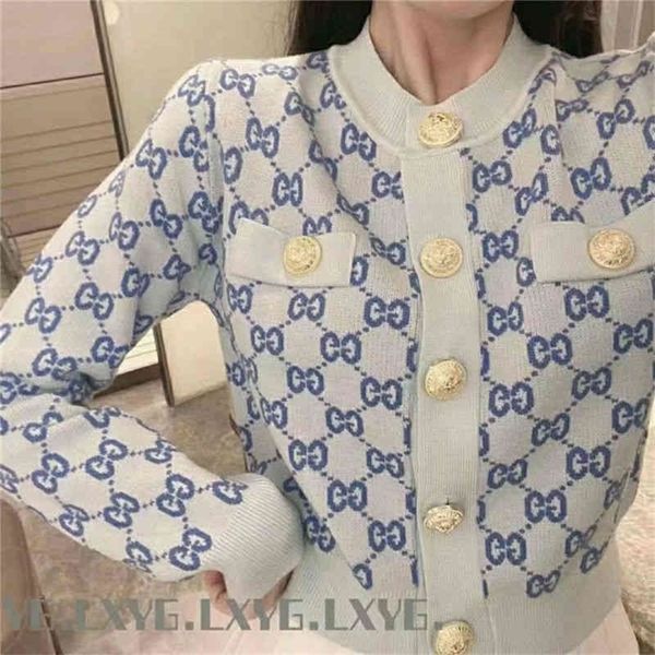 

high version light luxury net red same letter metal button knitted cardigan feminine round neck aging jacket fashion, Black;brown