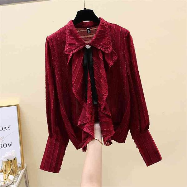 

women autumn temperament ruffled collar chiffon shirt fashion korean style blouse long-sleeved female gx1443 210506, White