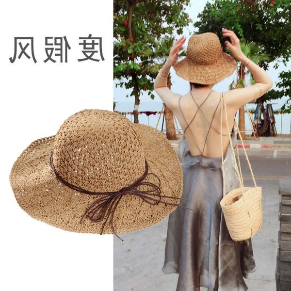 

sun hat handmade crochet straw women's foldable versatile bow, travel and vacation sun beach eaves hat, korean summer, Blue;gray