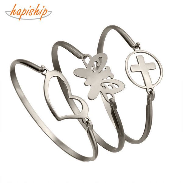

hapiship new boy girl color heart round cross stainless steel bangles bracelets for women jewelry gift bx21 q0719, Black