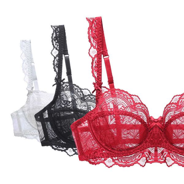 

non padded lace bra female transparent lingerie plus size push up bras for women mesh underwear brassiere a b c d e cup 210623, Red;black