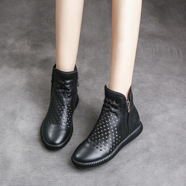 

boots tilocow 2021 summer genuine leather women ankle female hollow out casual shoes ladies rubber flat with booties, Black