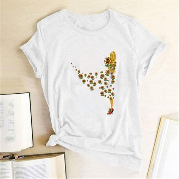 

sunflowers skirt printing clothes summer womens t shirts loose graphic tee aesthetic o neck camisetas mujer, White