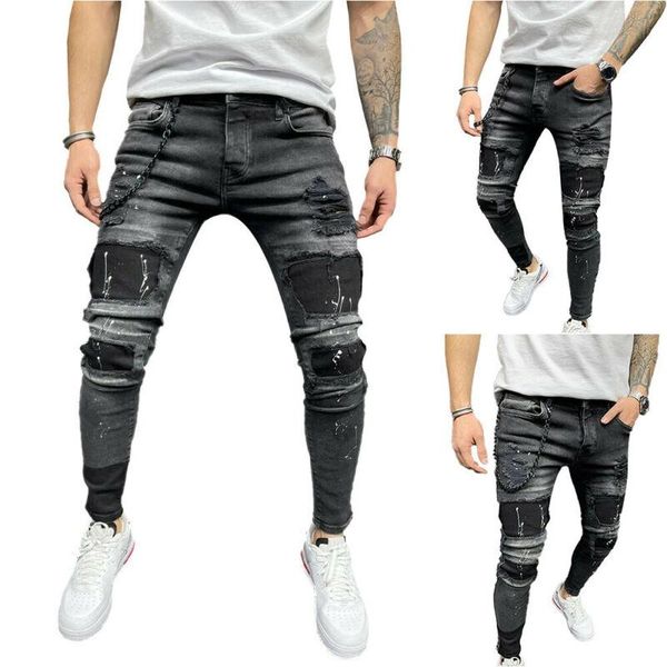 

men's jeans men distressed ripped skinny pants slim trousers jeggings denim bottoms, Blue