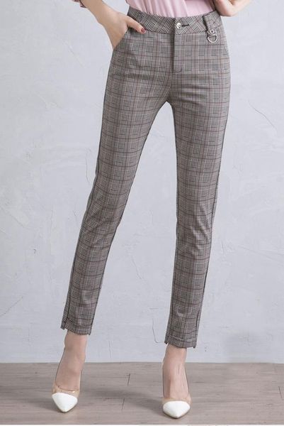 

women's pants & capris 4xl 2021 autumn comfortable stretch office lady pencil winter casual elegant formal skinny plaid trousers paddy, Black;white