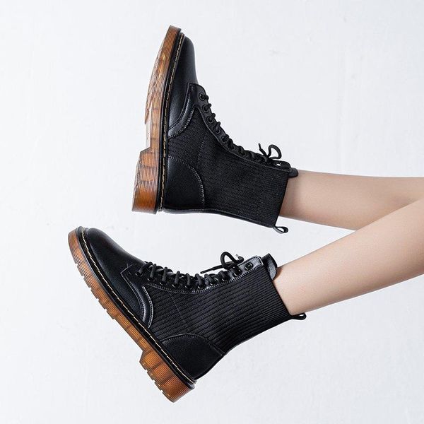 

black leather ankle boots for women shoes woman winter patchwork autumn lace up platform motorcycle plus size