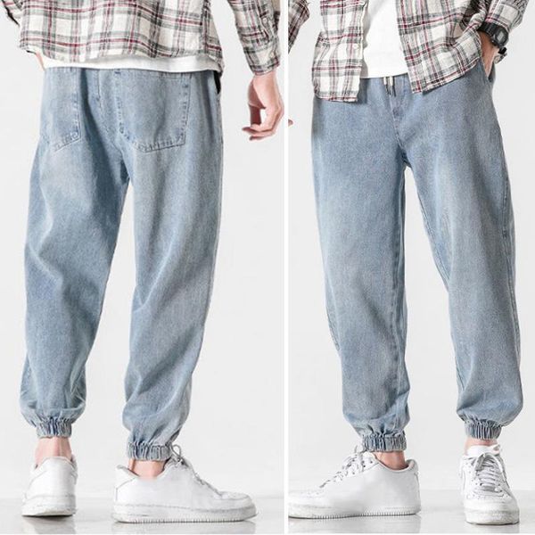 

retro fashion men washed jeans 2021 harem pants hip hop style baggy trouser casual big size elastic waist pantalones men's, Blue