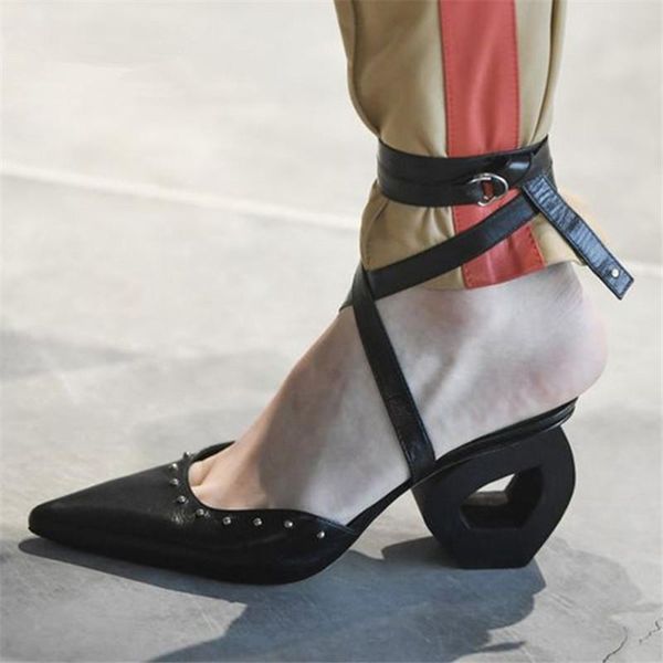 

summer sandals pointed toe women pumps 8cm high heels gladiator sandal rivets studded ankle strap dress shoes stiletto, Black