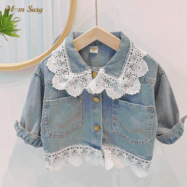 

jackets baby girl lace denim jacket infant toddle jean coat child windbreaker outwear chaqueta clothes spring autumn 1-7y, Blue;gray