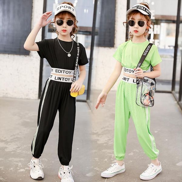 

teens clothes set sport korea style letters print piece crop pants purple black sports suit for children 11 13, White