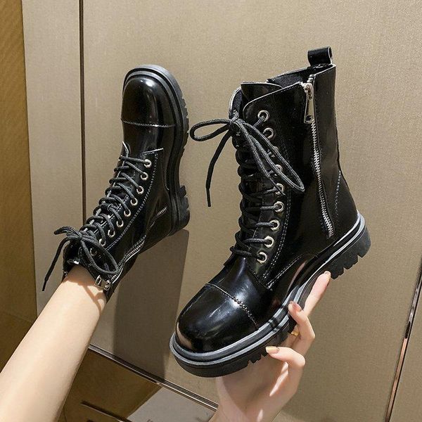 

boots platform women patent leather side zipper ankle for chunky motorcycle drop, Black