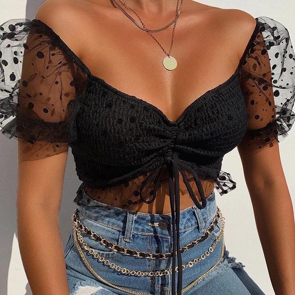 

women's t-shirt fashion polka dot printed navel puff sleeve drawstring short, White